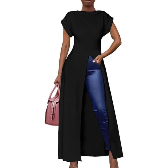 Black Long Collared Floor Length Split Shirt Dress Small Vampy Goth Emo E-Girl - Picture 1 of 10